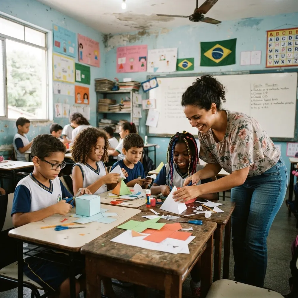 Professora ajudando alunos a recortar e montar sólidos geométricos em sala de aula